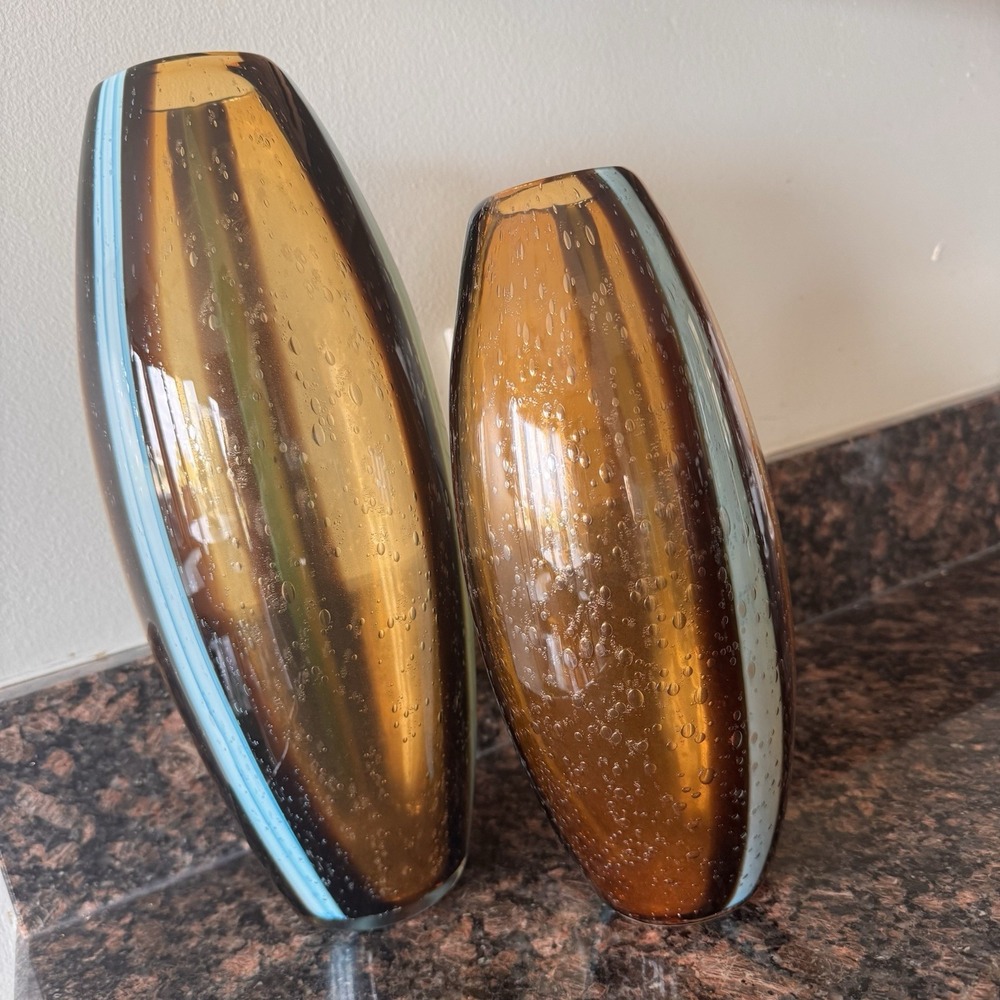 Pier One 1 Art Glass Hand Blown Amber Blue Stripe Bubble Glass Vases